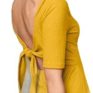 VENUS Ribbed Blouse With Bow Tie Back Detail & 3/4 Length Sleeves Black Medium